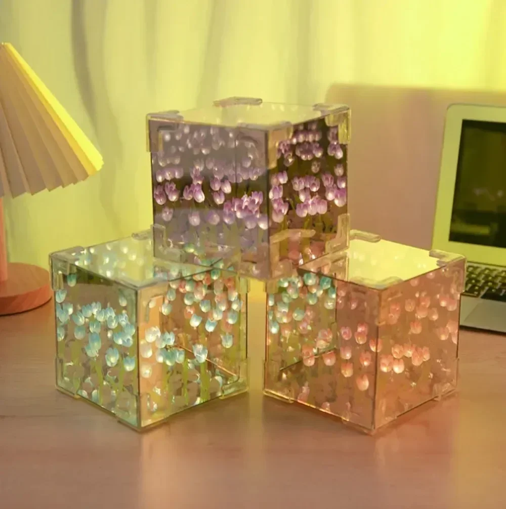 NEW Creative Diy Tulip Flower Sea Cube Three-Dimensional Small Night Lamp Material Package for Girlfriend Couple Girlfriend Gift