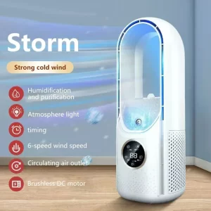 🌬️ 2025 Bladeless Desktop Fan – 6-Speed Silent Cooler with Humidifier & Air Conditioning Effect