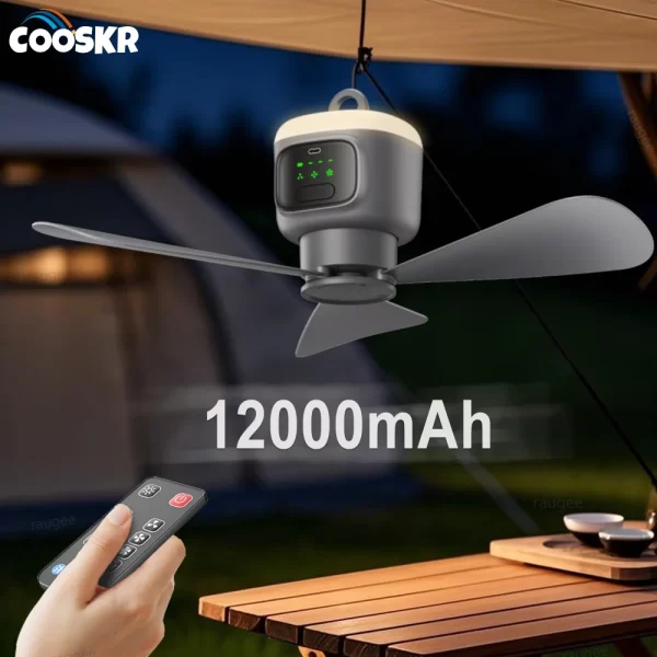 CampBreeze™ 12000mAh Portable Ceiling Fan – Rechargeable with Remote, LED Light & Safety Features