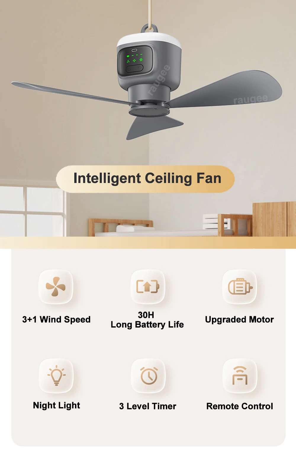 12000mAh Portable Ceiling Fans Outdoor Camping Fan Tent Air Circulator Cooler Rechargeable Electric Fan Remote Control LED Light