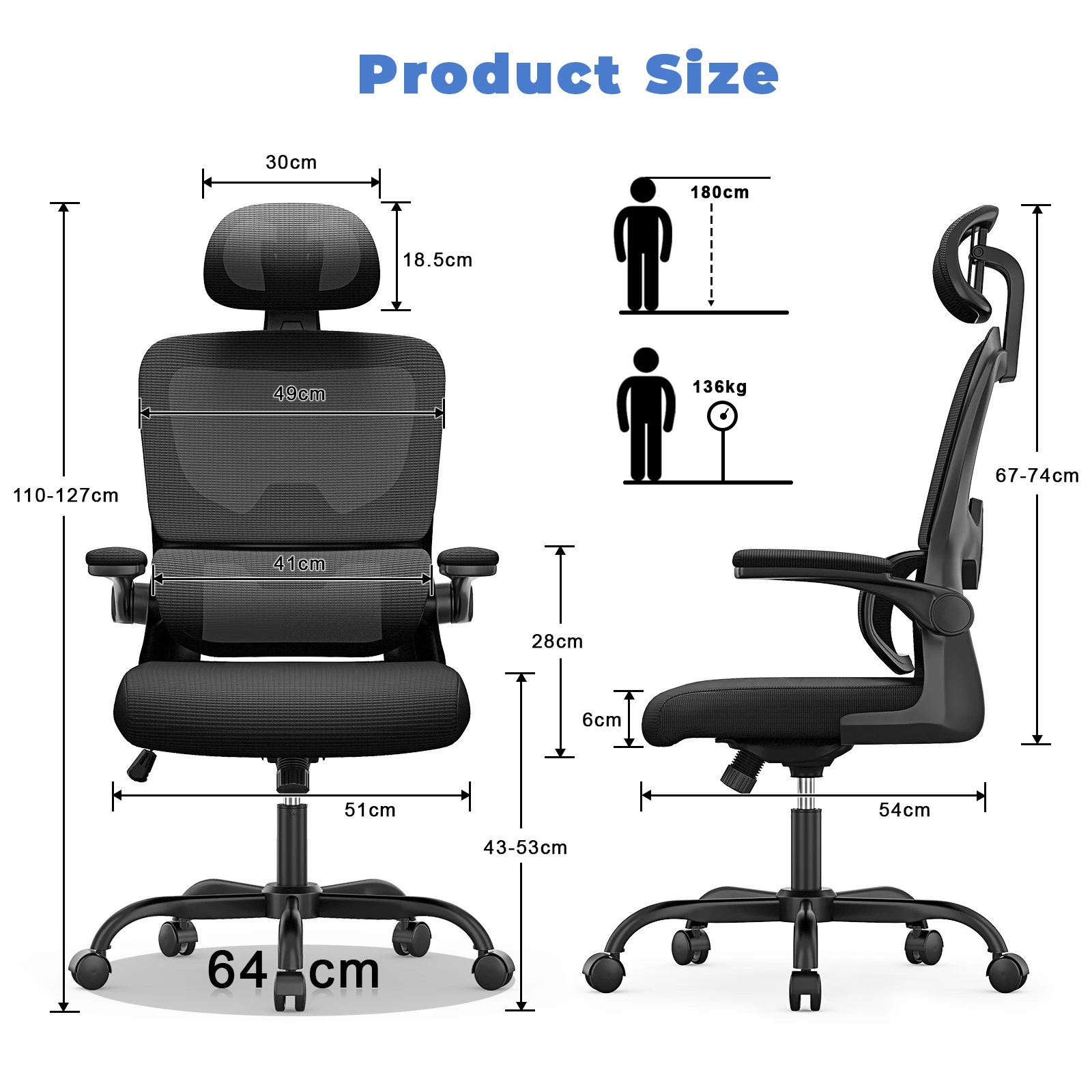 Ergonomic Office Mesh Chair, Liftable High Back Gaming Chair with 3D Lumbar Support, Swivel Desk Chair Seat Depth Adjustable