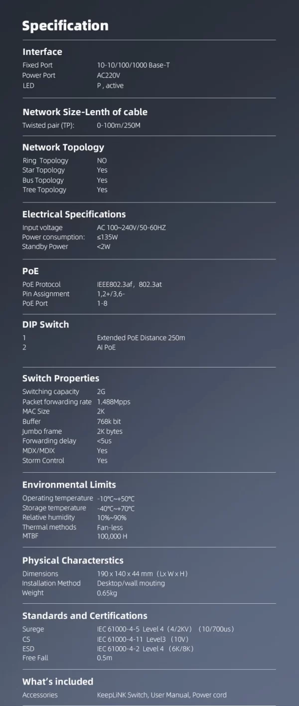 KeepLiNK PoE Switch Specs