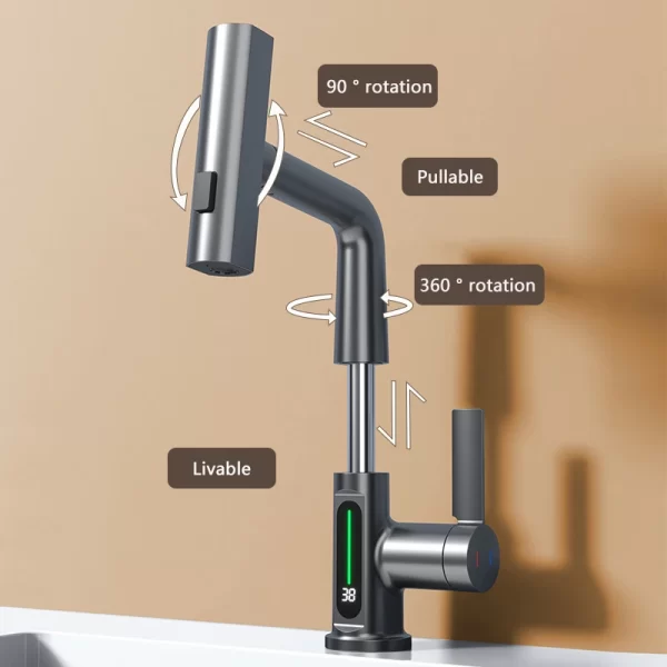 Waterfall Basin Faucet with Pull Out Spray and LED Temperature Display - Image 5