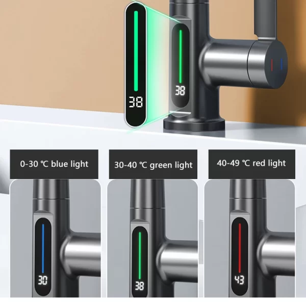 Waterfall Basin Faucet with Pull Out Spray and LED Temperature Display - Image 3