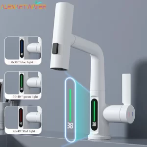 Waterfall Basin Faucet with Pull Out Spray and LED Temperature Display