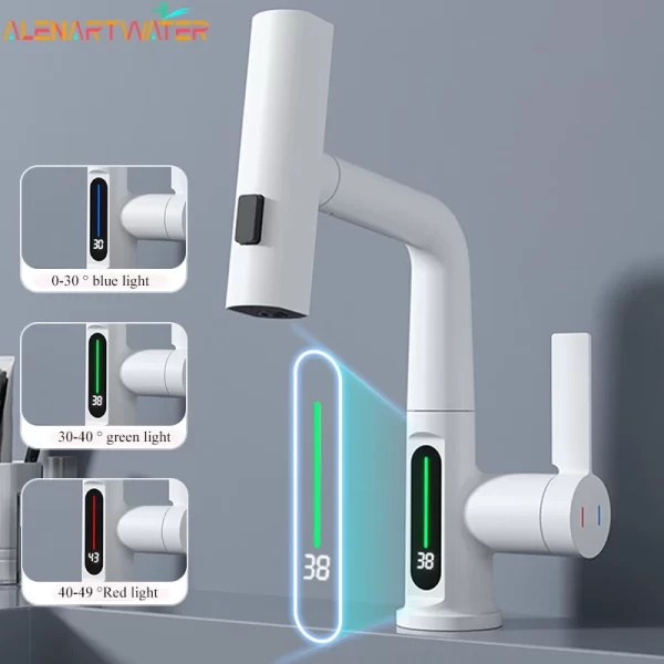 Waterfall Basin Faucet with Pull Out Spray and LED Temperature Display