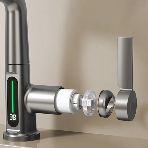 Waterfall Basin Faucet with Pull Out Spray and LED Temperature Display - Image 4