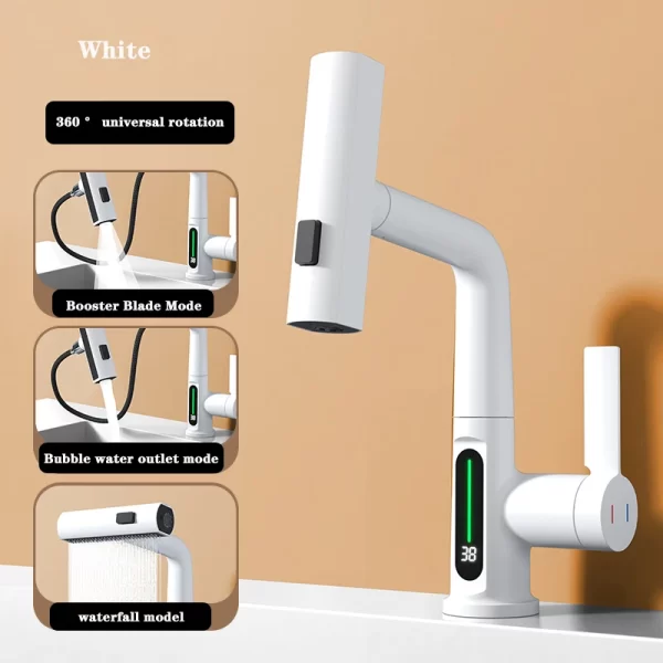 Waterfall Basin Faucet with Pull Out Spray and LED Temperature Display - Image 11