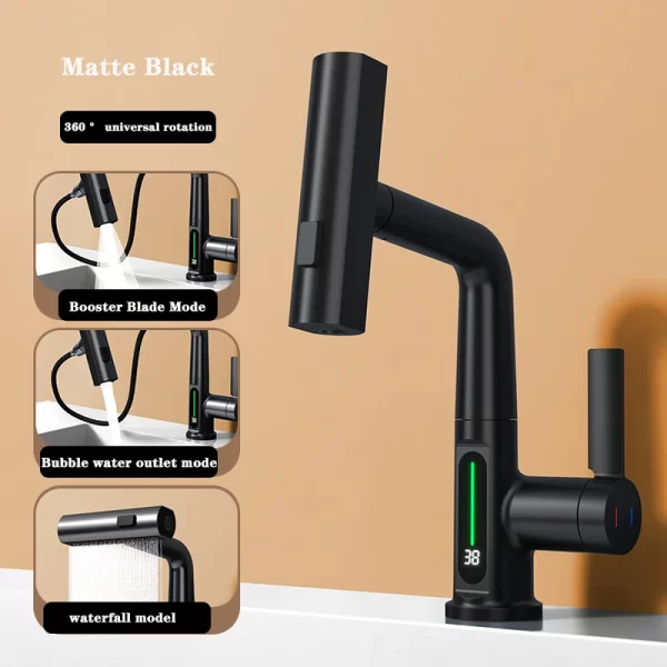 Waterfall Basin Faucet with Pull Out Spray and LED Temperature Display - Image 10