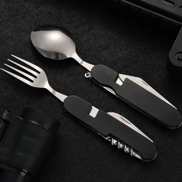 4-in-1 Foldable Camping Utensil Set – Spoon, Fork, Knife & Bottle Opener - Image 5