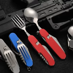4-in-1 Foldable Camping Utensil Set – Spoon, Fork, Knife & Bottle Opener