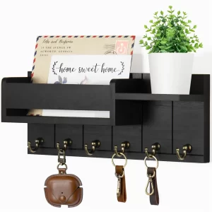 Rustic Wall-Mounted Key & Mail Organiser with 6 Hooks