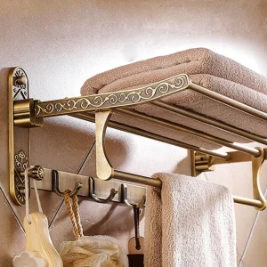 Aluminium Foldable Antique Brass Towel Rack with Shelf & Hooks